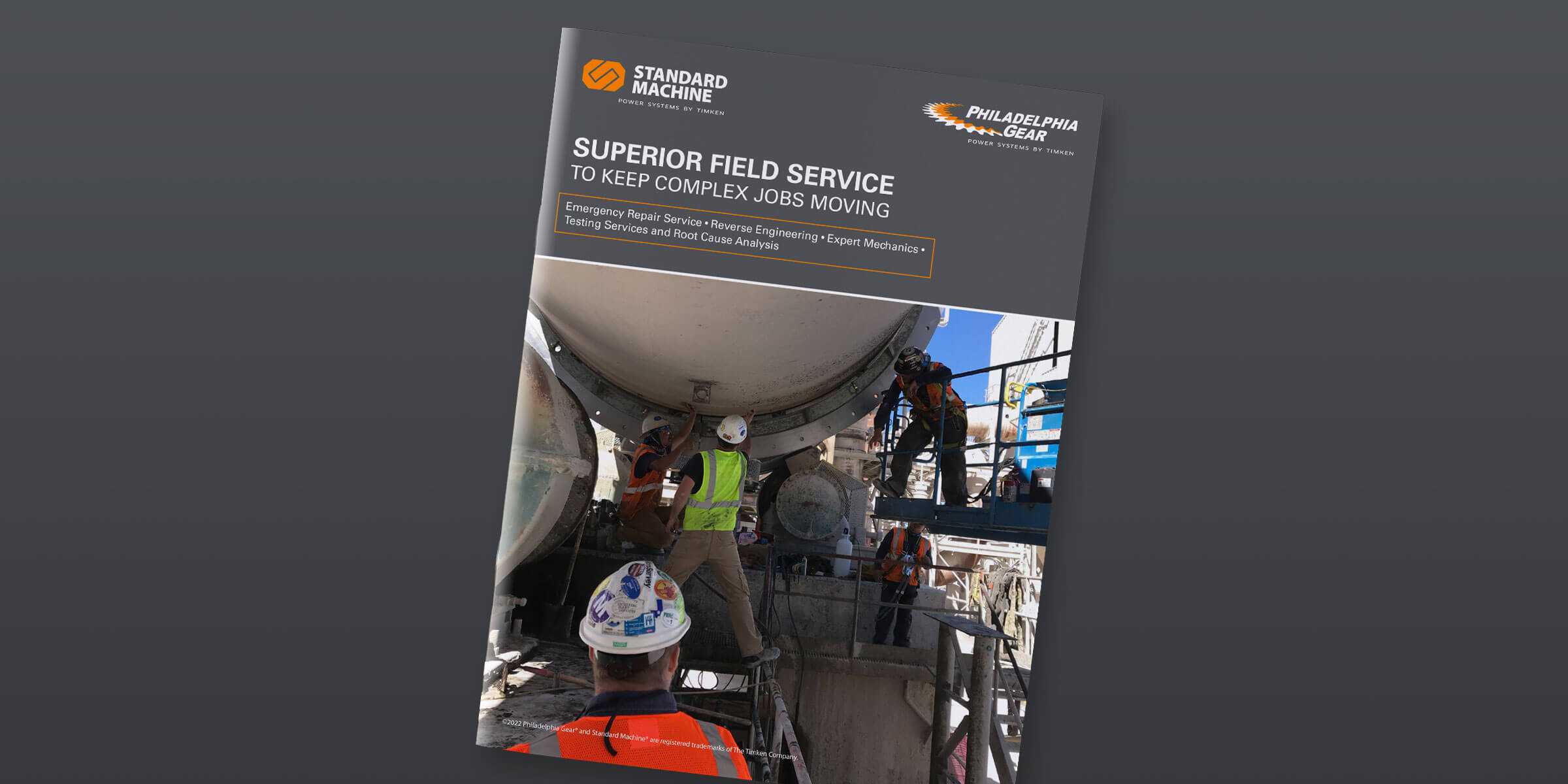 Field service solutions brochure for emergency repair service, reverse engineering, expert mechanics, testing, and root cause analysis by Standard Machine and Philadelphia Gear.